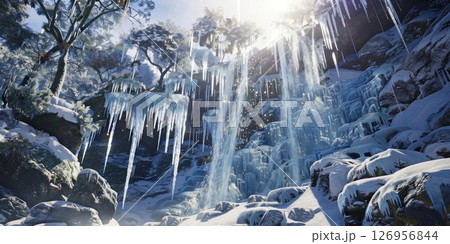 Frozen waterfall glistens under the winter sun, icy stalactites creating a mesmerizing texture of blue hues 126956844
