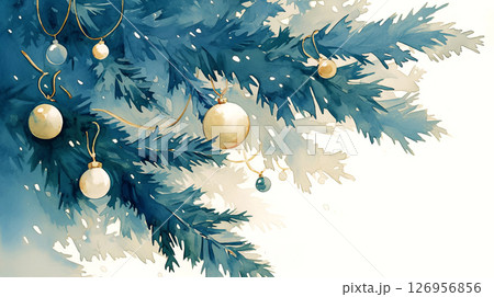 Experience the serene elegance of winter with delicately painted blue pine branches and shimmering ornaments 126956856