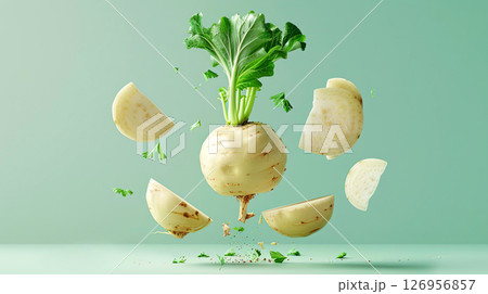 Ethereal turnip slices floating in mid-air, highlighted by a serene blue background 126956857