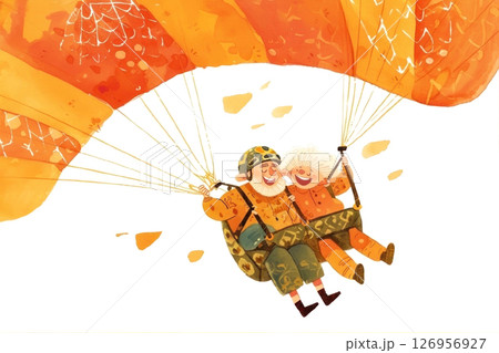 Elderly duo enjoying an exhilarating parachute adventure, radiating joy and embracing life thrills with big smiles 126956927