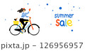 Colorful flat illustration of a woman riding a bicycle with a dog in the basket, next to cheerful summer sale text and playful dots.  126956957