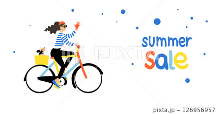Colorful flat illustration of a woman riding a bicycle with a dog in the basket, next to cheerful summer sale text and playful dots. Colorful flat illustration of a woman riding a bicycle with a dog in the basket, next to cheerful summer sale text and playful dots. 126956957
