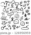 Collection of black hand-drawn doodles including arrows, speech bubbles, weather, emojis, music notes, and abstract symbols on white background.  126956959