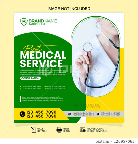 Modern Green and Yellow Best Medical Service Social Media Post Vector Template 126957063