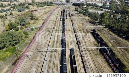 Aerial View of a Freight Rail Yard in Operation Aerial View of a Freight Rail Yard in Operation 126957100