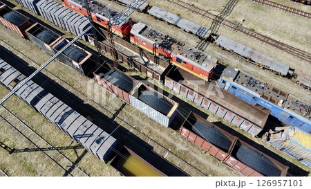 Aerial View of a Freight Rail Yard in Operation Aerial View of a Freight Rail Yard in Operation 126957101
