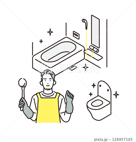シンプル　イラスト　お風呂とトイレを掃除する男性 人物 126957185