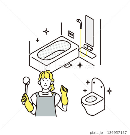 シンプル　イラスト　お風呂とトイレを掃除する女性 人物 126957187