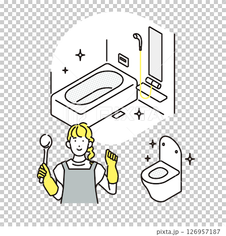 シンプル　イラスト　お風呂とトイレを掃除する女性 人物 126957187