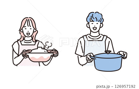 シンプル　イラスト　笑顔で料理をする男性と女性 人物セット 126957192