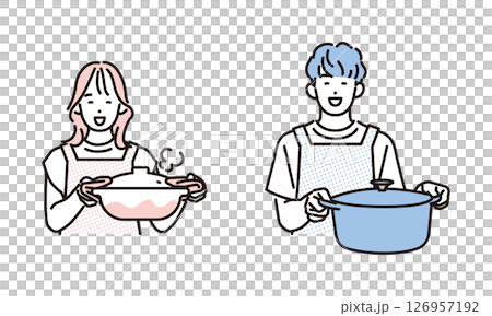 シンプル　イラスト　笑顔で料理をする男性と女性 人物セット 126957192