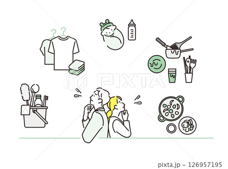 シンプル イラスト 仕事と家事育児に悩む夫婦のベクターイラスト シンプル イラスト 仕事と家事育児に悩む夫婦のベクターイラスト 126957195