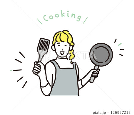 シンプル　イラスト　笑顔で料理をする女性 人物 126957212