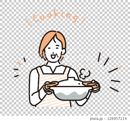 シンプル　イラスト　笑顔で料理をするミドルエイジの女性 人物 126957214