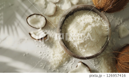 Coconut fruit flour on wooden bowl gluten free for baking flat lay view 126957416