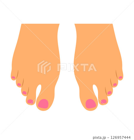 Womens feet sole with painted nails top view. Top of female feet with pedicure. Vector illustration 126957444
