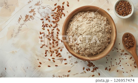 Flaxseed flour on bowl for cooking or baking copy space background Flaxseed flour on bowl for cooking or baking copy space background 126957474