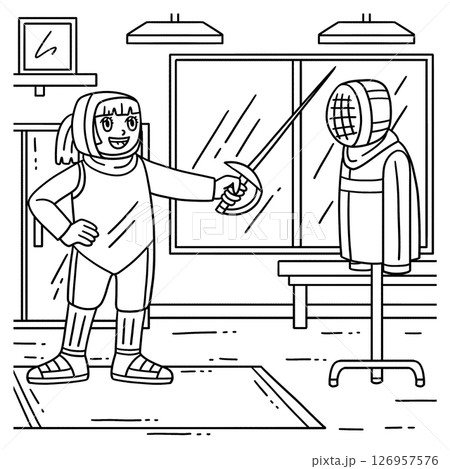 Fencing Female Fencer Practicing Dummy Coloring  126957576