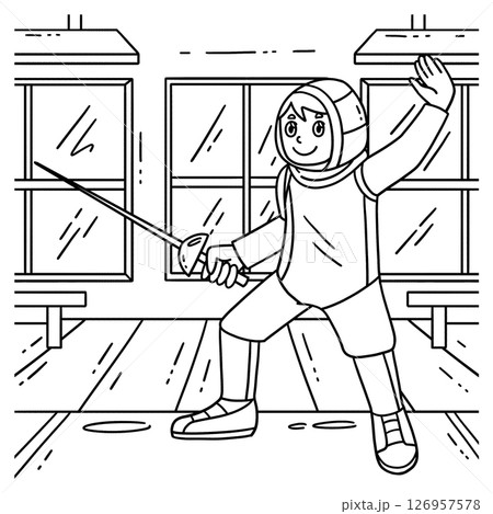 Fencing Male Fencer En Garde Position Coloring  126957578