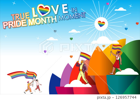 Celebrate True Love in Pride Month Moment with this vibrant vector template background, featuring a colorful LGBT rainbow design and joyful figures. Perfect for Pride Month campaigns for vector. 126957744