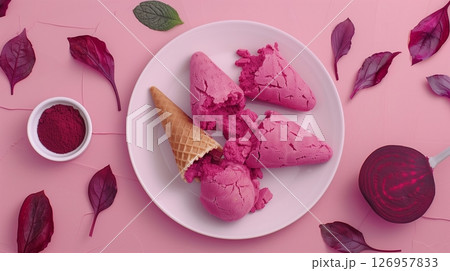 Ice cream with waffle cone natural coloring sweet snack food 126957833