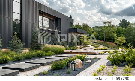 Modern architecture meets nature in this elegant, minimalist building surrounded by lush greenery Modern architecture meets nature in this elegant, minimalist building surrounded by lush greenery 126957906