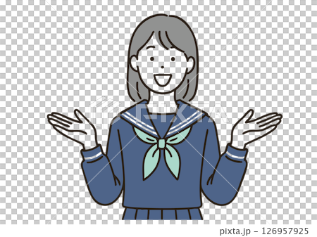 A high school girl in a sailor suit talking with her hands outstretched 126957925