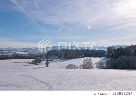 A snowy field with trees in the background 126958254