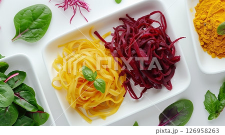 Healthy noodle pasta gluten free from turmeric and purple cabbage on white plate 126958263