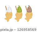 たい焼きアイス、ソフトクリームのイラスト,バニラ、抹茶、チョコレート味	 126958569