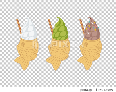 たい焼きアイス、ソフトクリームのイラスト,バニラ、抹茶、チョコレート味	 126958569