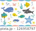 かわいい海の生き物のイラストセット　魚、クジラ、サメ、カニ、ヒトデなど	 126958797