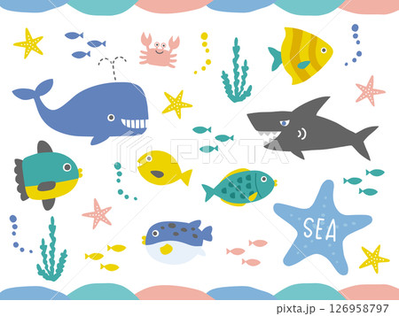 かわいい海の生き物のイラストセット　魚、クジラ、サメ、カニ、ヒトデなど	 126958797