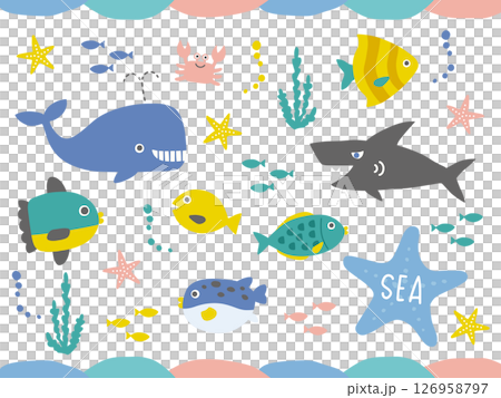 Cute sea creature illustration set: fish, whales, sharks, crabs, starfish, etc. Cute sea creature illustration set: fish, whales, sharks, crabs, starfish, etc. 126958797