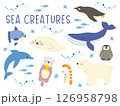 海の生き物のイラストセット　アザラシ,ラッコ,クジラ,チンアナゴ,白くま,ペンギン,イルカ,マンボウ 126958798