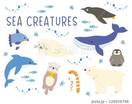 海の生き物のイラストセット　アザラシ,ラッコ,クジラ,チンアナゴ,白くま,ペンギン,イルカ,マンボウ 126958798