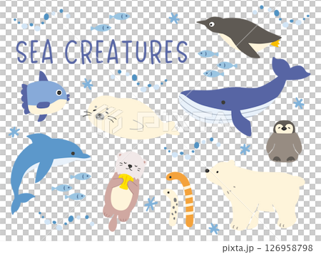 海の生き物のイラストセット　アザラシ,ラッコ,クジラ,チンアナゴ,白くま,ペンギン,イルカ,マンボウ 126958798