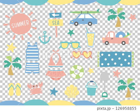 Summer, sea and beach illustration set (recommended for summer vacation leisure materials and children's materials) Summer, sea and beach illustration set (recommended for summer vacation leisure materials and children's materials) 126958855