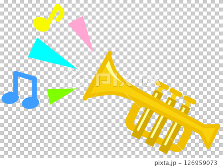 コンサートや演奏会で管楽器を吹いてメロディーを演奏するイラスト コンサートや演奏会で管楽器を吹いてメロディーを演奏するイラスト 126959073