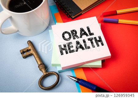 Oral Health Awareness Concept with Sticky Notes and Office Supplies Oral Health Awareness Concept with Sticky Notes and Office Supplies 126959345