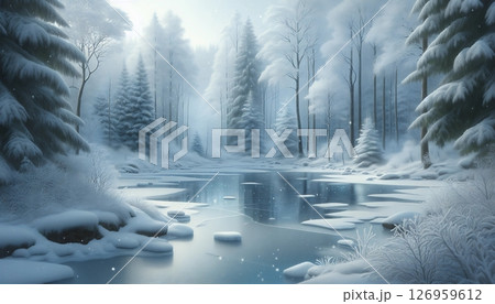 冬の雪景色が広がる池 126959612