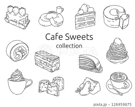 おしゃれなカフェのスイーツメニューの線画イラスト 126959875