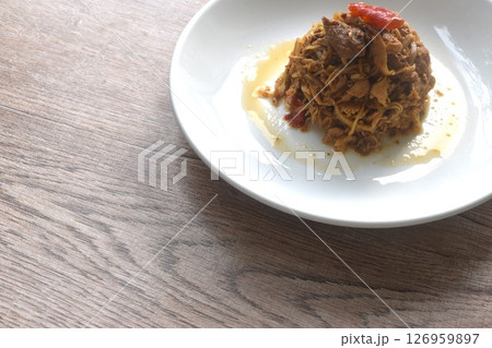 stir fried spicy chicken with chop ginger and chili Thai food on plate stir fried spicy chicken with chop ginger and chili Thai food on plate 126959897