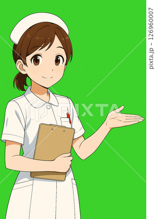 グリーンバックで手を差し出し説明する看護師 126960007