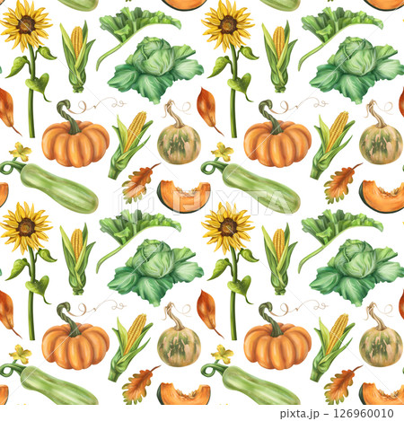 Seamless autumn harvest pattern with pumpkins, zucchini, cabbage, corn, sunflower, leaves. Farm products healthy vegetables, gardening. Hand drawing background for wrapping paper, textiles, design 126960010
