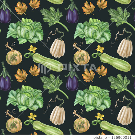 Seamless autumn harvest pattern with pumpkins, eggplant, zucchini, cabbage, maple leaves. Farm products, healthy vegetables, gardening. Hand drawing background for wrapping paper, textiles, design 126960011