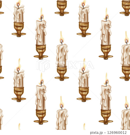 Seamless pattern with wax dripping candles in gold candlesticks with flames. Retro style, royal atmosphere. Vintage lighting decorations, Gothic, Victorian and classic styles 126960012