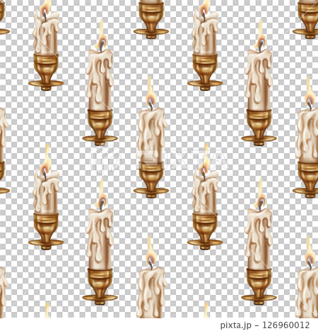 Seamless pattern with wax dripping candles in gold candlesticks with flames. Retro style, royal atmosphere. Vintage lighting decorations, Gothic, Victorian and classic styles 126960012