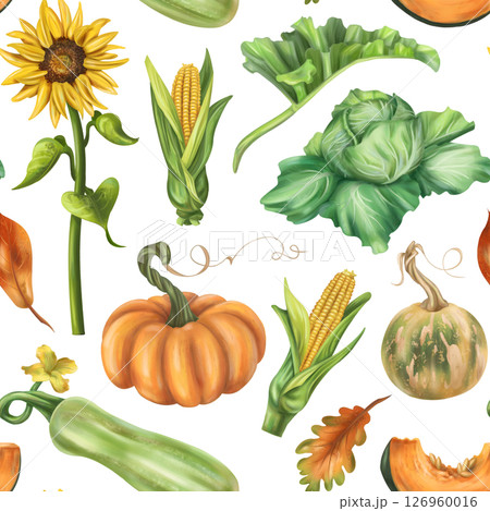 Seamless autumn harvest pattern with pumpkins, zucchini, cabbage, corn, sunflower, leaves. Farm products healthy vegetables, gardening. Hand drawing background for wrapping paper, textiles, design 126960016