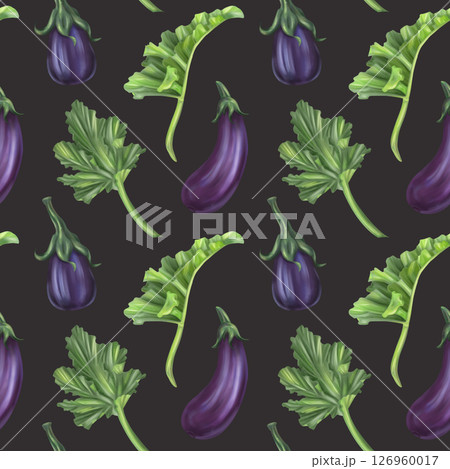Seamless autumn harvest pattern with eggplant and leaves. Farm organic products, healthy vegetables, gardening, greens crop. Hand drawing background for wrapping paper, textiles, design Seamless autumn harvest pattern with eggplant and leaves. Farm organic products, healthy vegetables, gardening, greens crop. Hand drawing background for wrapping paper, textiles, design 126960017